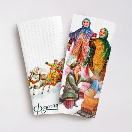 Набор полотенец вафельных Зимние забавы "Федоскино" 40х70